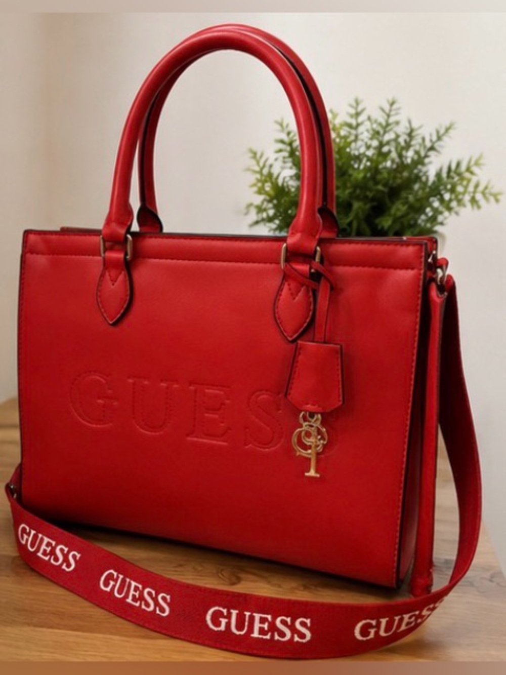 NWOT GUESS Red Leather Satchel with Logo Strap and Gold Charm